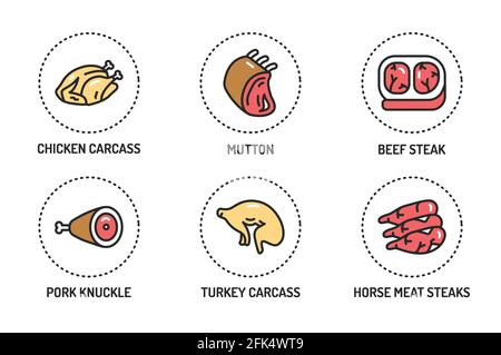 Meat and fish color line icons set. Isolated vector element. Outline pictograms for web page, mobile app. Stock Vector