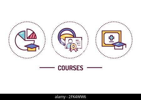 Courses color line icons concept. Outline pictograms for web page, mobile app, promo Stock Vector