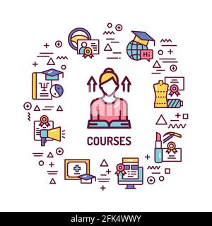 Courses web banner. Infographics with linear icons on white background. Creative idea concept. Isolated outline color illustration Stock Vector