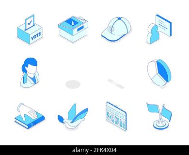 Election and voting - modern line isometric icons set. Politics and electioneering concept. Ballot box, lectern, microphone, completed paper, candidat Stock Vector