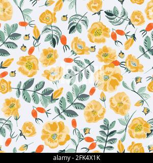 Seamless vector pattern with beautiful wild rose flowers and its fruits Stock Vector