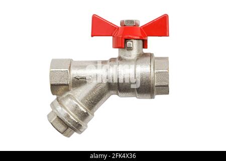 Closeup water valve with coarse filter and red arm isolated on white background Stock Photo