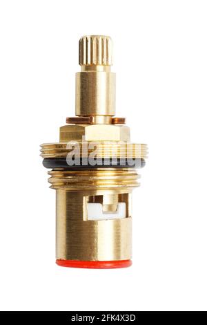 Closeup brass faucet parts cartridge for water valve isolated on white background Stock Photo