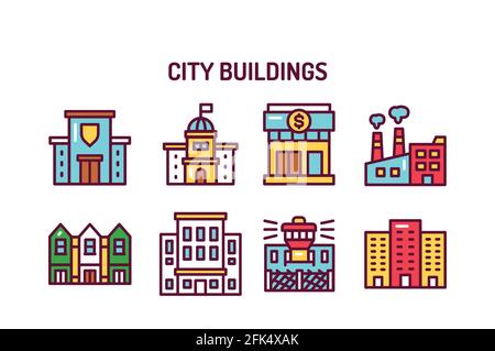 City buildings color line icons set. Isolated vector element. Outline pictograms for web page, mobile app, promo Stock Vector