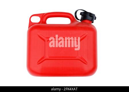 Red plastic canister for gasoline or other fuel. Isolated on white. Stock Photo