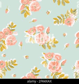 Seamless vector pattern with beautiful wild rose flowers and its fruits Stock Vector