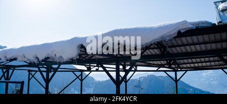 Ice dams with a cold roof at Patnitop Jammu India, Winter landscape Stock Photo