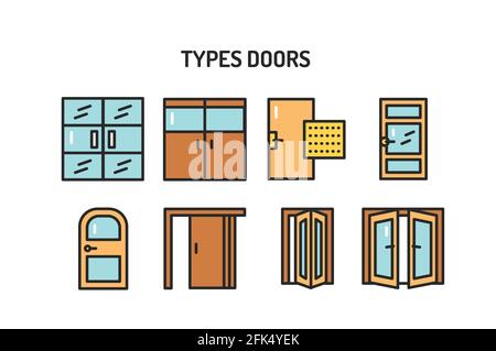 Types of doors color line icons set. Material steel. Isolated vector element. Outline pictograms for web page, mobile app, promo. Stock Vector