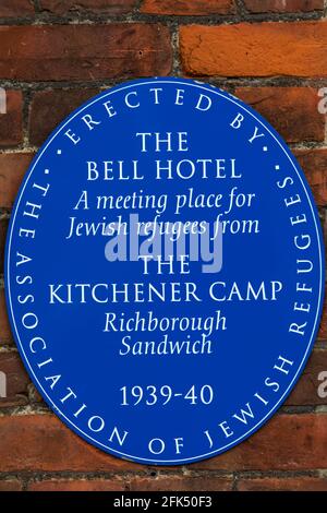 England, Kent, Sandwich, The Bell Hotel, WWII Jewish Refugees Meeting Place Memorial Plaque *** Local Caption ***  UK,United Kingdom,Great Britain,Bri Stock Photo