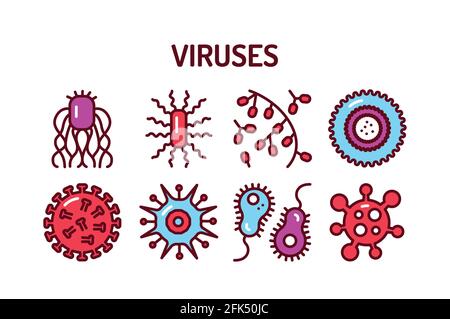 Viruses color line icons set. Isolated outline color element. Editable stroke. Stock Vector