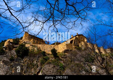 Abbaye St Martin du Canigou - Sant Martí del Canigó  - built in 1009 in in the Pyrenees of Northern Catalonia on Canigou mountain - now in France. Stock Photo