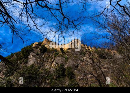 Abbaye St Martin du Canigou - Sant Martí del Canigó  - built in 1009 in in the Pyrenees of Northern Catalonia on Canigou mountain - now in France. Stock Photo