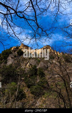 Abbaye St Martin du Canigou - Sant Martí del Canigó  - built in 1009 in in the Pyrenees of Northern Catalonia on Canigou mountain - now in France. Stock Photo