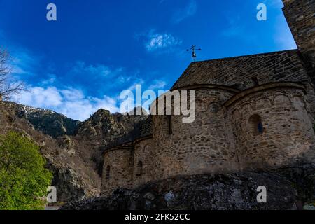 Abbaye St Martin du Canigou - Sant Martí del Canigó  - built in 1009 in in the Pyrenees of Northern Catalonia on Canigou mountain - now in France. Stock Photo