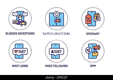 SMM tools promotion line color icons set. Isolated vector element Stock Vector