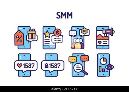 SMM tools promotion line color icons set. Isolated vector element Stock Vector