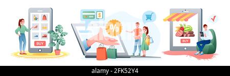 Online shopping set, happy shopper customer people order and buy in online shop app Stock Vector