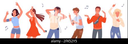 Dancing people vector illustration set. Cartoon young happy man and woman group of dancer characters listen to music with headphones and dance, crowd Stock Vector