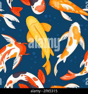 Koi carps in blue water, seamless pattern of japanese fish in gold white red color vector illustration. Cartoon colorful wildlife fishes swim in orien Stock Vector