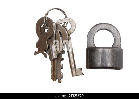Old padlock and keys isolated on white Stock Photo
