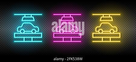 car manufacturing, automobile robot neon icon set Stock Vector