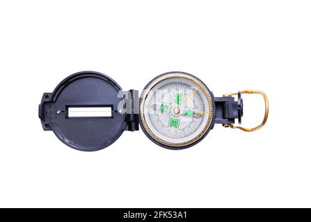 Open small pocket compass isolated on white Stock Photo