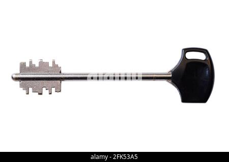 House key with black handle isolated on blank white background Stock Photo