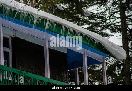 Ice dams with a cold roof at Patnitop Jammu India, Winter landscape Stock Photo