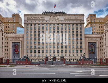 View of the main entrance of the main building of the Ministry of Defense of the Russian Federation, built in the Stalinist style in 1938-1951, landma Stock Photo
