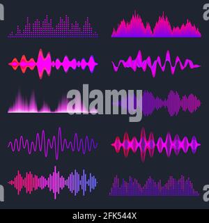 Colorful sound waves collection. Analog and digital audio signal. Music equalizer. Interference voice recording. High frequency radio wave. Vector Stock Vector