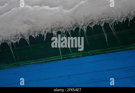 Ice dams with a cold roof at Patnitop Jammu India, Winter landscape Stock Photo