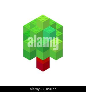 Isometric tree on a white background made of colored plastic blocks. The children s designer. Vector illustration. Stock Vector