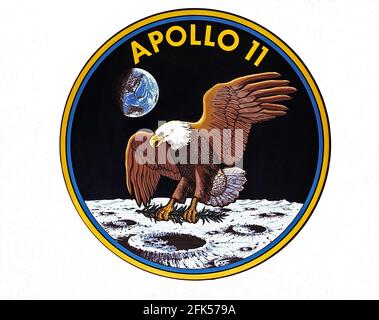 Houston, TX - (FILE) -- The official emblem of Apollo 11, the United States' first scheduled lunar landing mission unveiled on May 1, 1969. The Apollo 11 crew comprised astronauts Neil A. Armstrong, commander; Michael Collins, command module pilot; and Edwin E. Aldrin, Jr., lunar module pilot. It launched from the Kennedy Space Center in Florida on July 16, 1969. Lunar landing on July 20, 1969. The crew ended on July 24, 1969. The National Aeronautics and Space Administration (NASA) insignia design for Apollo flights is reserved for use by the astronauts and for the official use as the NASA A Stock Photo