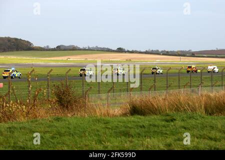 Glasgow Prestwick Airport Mexican Airbus  A8320 ( reg XA-VLX ) was escorted to the airport by RAF Tornado fighter aircraft Police Vehicles head to the aircraft 20 Oct 2016 Stock Photo