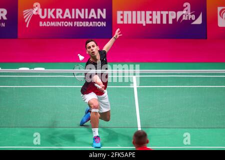 KYIV, UKRAINE - APRIL 27: Bernardo Atilano of Portugal competes in his Mens Singles match against Luka Milic of Serbia during Day 1 of the 2021 Europe Stock Photo