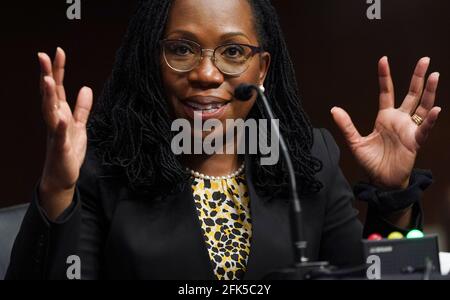 Washington, United States Of America. 28th Apr, 2021. Ketanji Brown Jackson, nominated to be a U.S. Circuit Judge for the District of Columbia Circuit, testifies before a Senate Judiciary Committee hearing on pending judicial nominations on Capitol Hill in Washington, U.S., April 28, 2021. Credit: Kevin Lamarque/Pool via CNP | usage worldwide Credit: dpa/Alamy Live News Stock Photo