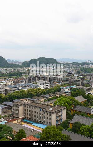 A view across Guilin city located in the karst dominated landscape of Guangxi province in southern China.