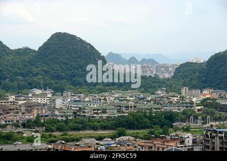 A view across Guilin city located in the karst dominated landscape of Guangxi province in southern China.
