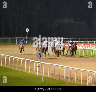 Night Horse Racing at Wolves Races, Wolverhampton Stock Photo