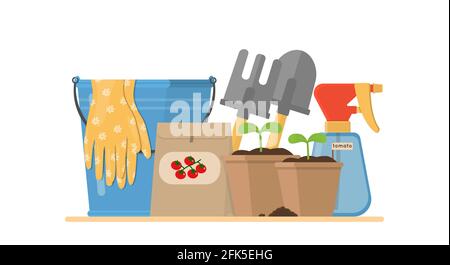 Composition with gardening tools isolated on white background. Stock Vector