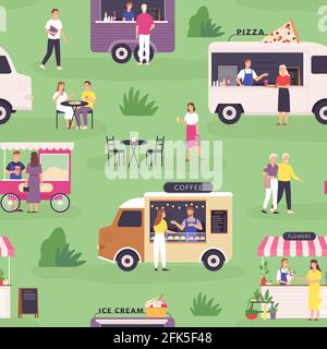 Food truck seamless pattern. Summer street festival and people buy fast food, pizza and coffee in vans or carts. Outdoor market vector print Stock Vector