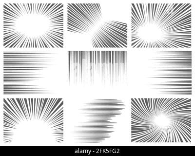 Radial comics lines. Comic book speed horizontal line cover speed texture  action ray explosion hero drawing cartoon set Stock Vector