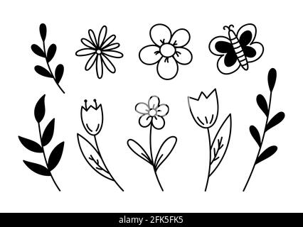 Set of cute cartoon flowers, twigs and butterfly isolated on white background. Vector hand-drawn illustration in doodle style. Spring design elements. Suitable for cards, decorations. Stock Vector