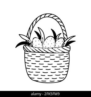 Wicker basket with Easter eggs isolated on white background. Vector hand-drawn illustration in doodle style. Suitable for Easter designs, cards, decorations. Stock Vector