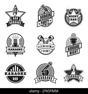 Karaoke emblems. Vintage labels with microphones for music karaoke night party. Retro silhouette singing club badges, mics logo vector set Stock Vector