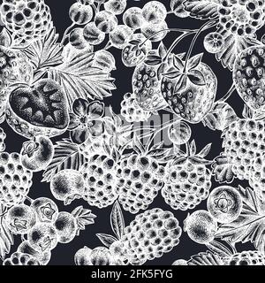 Seamless pattern with hand drawn chalk strawberry, blueberry, red currant, raspberry, blackberry Stock Vector