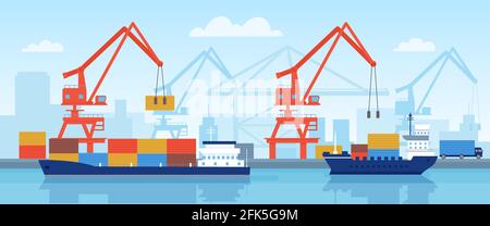 Cargo ship in port. Delivery maritime transport with containers loading in harbour with crane. Flat logistic or import by sea vector concept Stock Vector