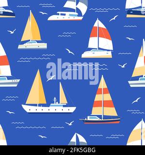 Boats seamless pattern. Summer marine print with sailboats and yacht on sea. Sailing regatta ships travel in blue ocean, flat vector texture Stock Vector