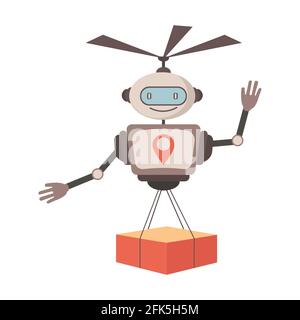 Modern robotic express delivery service vector flat illustration. Cute robot courier carrying parcel to customer. Drone fast delivery. Artificial Intelligence, technological logistics, and shipment. Stock Vector