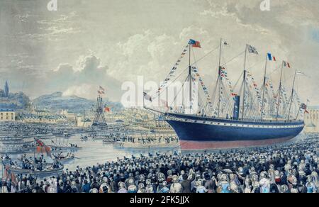 A painting by Joseph Walter of The SS Great Britain being launched from Great Western Dockyard into Bristol's Floating Harbour on 19 July 1843. The longest passenger ship in the world from 1845 to 1854, she was designed by Isambard Kingdom Brunel, for the Great Western Steamship Company's transatlantic service between Bristol and New York City. She was the first iron steamer to cross the Atlantic Ocean, which she did in 1845, in the time of 14 days. Stock Photo